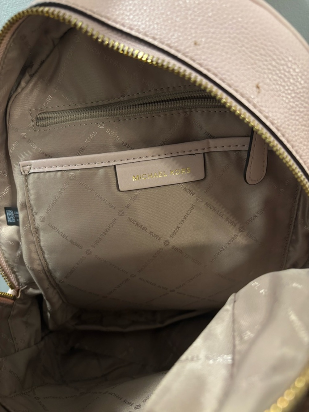 Michael Kors Signature MK Monogram Backpack in Beige with Pale Pink Trim - Picture 3 of 3
